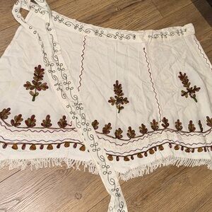 Embroidered Cream Wrap Skirt with Fringe